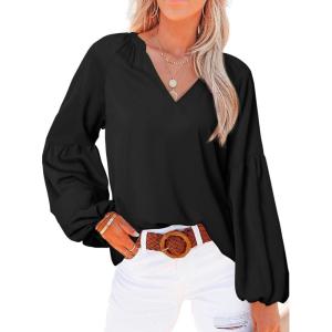 imageBTFBM Boho Blouses for Women Dressy Casual Floral Long Sleeve Shirts V Neck Lightweight Chiffon Summer Spring Tops 2025Solid Black
