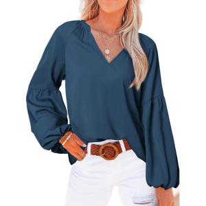 imageBTFBM Boho Blouses for Women Dressy Casual Floral Long Sleeve Shirts V Neck Lightweight Chiffon Summer Spring Tops 2025Solid Blue
