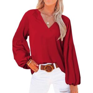imageBTFBM Boho Blouses for Women Dressy Casual Floral Long Sleeve Shirts V Neck Lightweight Chiffon Summer Spring Tops 2025Solid Red