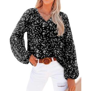 imageBTFBM Boho Blouses for Women Dressy Casual Floral Long Sleeve Shirts V Neck Lightweight Chiffon Summer Spring Tops 2025White Flower Black