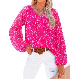 imageBTFBM Boho Blouses for Women Dressy Casual Floral Long Sleeve Shirts V Neck Lightweight Chiffon Summer Spring Tops 2025White Flower Rose Red