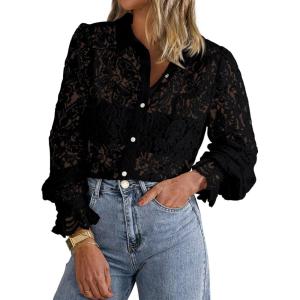 imageBTFBM Long Sleeve Lace Blouses for Women 2025 Spring Dressy Casual Button Down Shirts Date Night Outfit Club Party TopsBlack