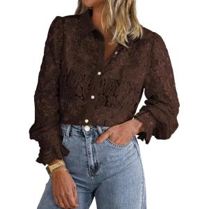 imageBTFBM Long Sleeve Lace Blouses for Women 2025 Spring Dressy Casual Button Down Shirts Date Night Outfit Club Party TopsCoffee