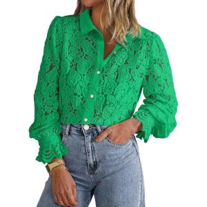 imageBTFBM Long Sleeve Lace Blouses for Women 2025 Spring Dressy Casual Button Down Shirts Date Night Outfit Club Party TopsGreen