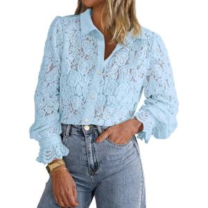 imageBTFBM Long Sleeve Lace Blouses for Women 2025 Spring Dressy Casual Button Down Shirts Date Night Outfit Club Party TopsLight Blue