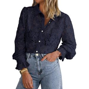 imageBTFBM Long Sleeve Lace Blouses for Women 2025 Spring Dressy Casual Button Down Shirts Date Night Outfit Club Party TopsNavy