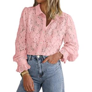 imageBTFBM Long Sleeve Lace Blouses for Women 2025 Spring Dressy Casual Button Down Shirts Date Night Outfit Club Party TopsPink