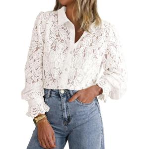 imageBTFBM Long Sleeve Lace Blouses for Women 2025 Spring Dressy Casual Button Down Shirts Date Night Outfit Club Party TopsWhite