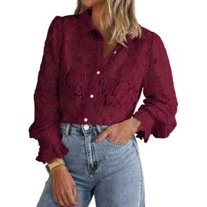 imageBTFBM Long Sleeve Lace Blouses for Women 2025 Spring Dressy Casual Button Down Shirts Date Night Outfit Club Party TopsWine Red