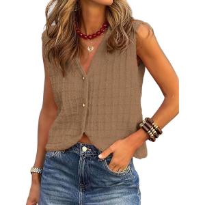 imageBTFBM Summer Sweater Vest for Women 2025 Sleeveless V Neck Lightweight Button Up Cardigan Knit Tank Tops Spring ClothesKhaki