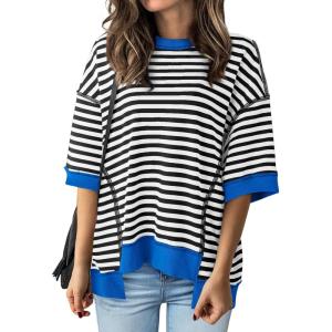 imageBTFBM Women Oversized Striped T Shirts Short Sleeve Summer Tops Casual Loose Crewneck High Low Hem Color Block Y2k TeesBlack Blue