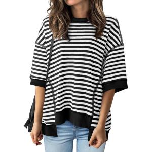 imageBTFBM Women Oversized Striped T Shirts Short Sleeve Summer Tops Casual Loose Crewneck High Low Hem Color Block Y2k TeesBlack White