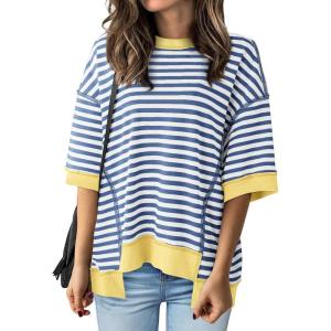 imageBTFBM Women Oversized Striped T Shirts Short Sleeve Summer Tops Casual Loose Crewneck High Low Hem Color Block Y2k TeesBlue White