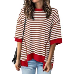 imageBTFBM Women Oversized Striped T Shirts Short Sleeve Summer Tops Casual Loose Crewneck High Low Hem Color Block Y2k TeesBrown White