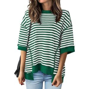 imageBTFBM Women Oversized Striped T Shirts Short Sleeve Summer Tops Casual Loose Crewneck High Low Hem Color Block Y2k TeesGreen White