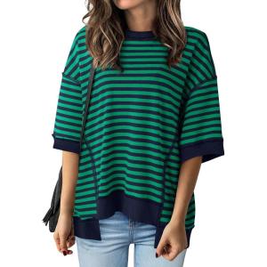 imageBTFBM Women Oversized Striped T Shirts Short Sleeve Summer Tops Casual Loose Crewneck High Low Hem Color Block Y2k TeesNavy Green
