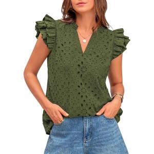imageBTFBM Women Summer Eyelet Tops Dressy Casual V Neck Ruffle Cap Sleeve Cotton Boho Shirts Lace Embroidered Blouses 2025Army Green