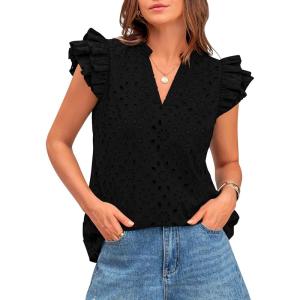 imageBTFBM Women Summer Eyelet Tops Dressy Casual V Neck Ruffle Cap Sleeve Cotton Boho Shirts Lace Embroidered Blouses 2025Black