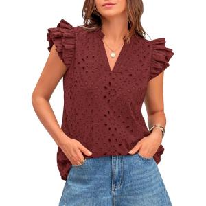 imageBTFBM Women Summer Eyelet Tops Dressy Casual V Neck Ruffle Cap Sleeve Cotton Boho Shirts Lace Embroidered Blouses 2025Brown Red