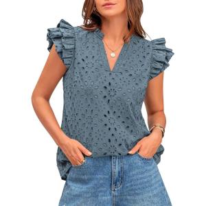 imageBTFBM Women Summer Eyelet Tops Dressy Casual V Neck Ruffle Cap Sleeve Cotton Boho Shirts Lace Embroidered Blouses 2025Grey Blue