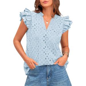 imageBTFBM Women Summer Eyelet Tops Dressy Casual V Neck Ruffle Cap Sleeve Cotton Boho Shirts Lace Embroidered Blouses 2025Light Blue