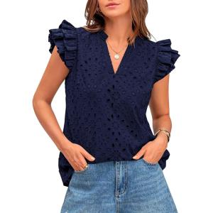 imageBTFBM Women Summer Eyelet Tops Dressy Casual V Neck Ruffle Cap Sleeve Cotton Boho Shirts Lace Embroidered Blouses 2025Navy