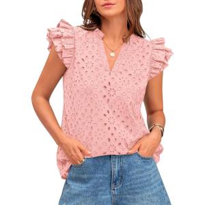 imageBTFBM Women Summer Eyelet Tops Dressy Casual V Neck Ruffle Cap Sleeve Cotton Boho Shirts Lace Embroidered Blouses 2025Pink