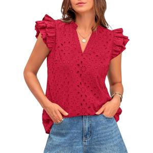 imageBTFBM Women Summer Eyelet Tops Dressy Casual V Neck Ruffle Cap Sleeve Cotton Boho Shirts Lace Embroidered Blouses 2025Red