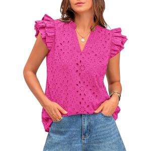 imageBTFBM Women Summer Eyelet Tops Dressy Casual V Neck Ruffle Cap Sleeve Cotton Boho Shirts Lace Embroidered Blouses 2025Rose Red