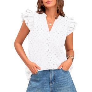 imageBTFBM Women Summer Eyelet Tops Dressy Casual V Neck Ruffle Cap Sleeve Cotton Boho Shirts Lace Embroidered Blouses 2025White