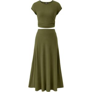 imageBTFBM Women Two Piece Skirt Set Summer 2025 Casual Vacation Crew Neck Short Sleeve Cropped Top Elastic Waist Midi SkirtsSolid Army Green