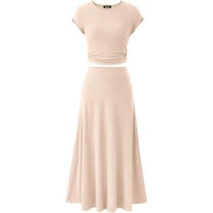 imageBTFBM Women Two Piece Skirt Set Summer 2025 Casual Vacation Crew Neck Short Sleeve Cropped Top Elastic Waist Midi SkirtsSolid Beige