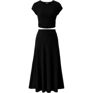 imageBTFBM Women Two Piece Skirt Set Summer 2025 Casual Vacation Crew Neck Short Sleeve Cropped Top Elastic Waist Midi SkirtsSolid Black