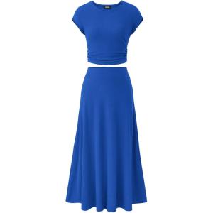 imageBTFBM Women Two Piece Skirt Set Summer 2025 Casual Vacation Crew Neck Short Sleeve Cropped Top Elastic Waist Midi SkirtsSolid Blue
