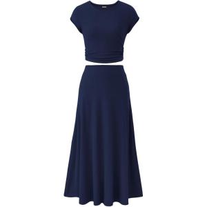 imageBTFBM Women Two Piece Skirt Set Summer 2025 Casual Vacation Crew Neck Short Sleeve Cropped Top Elastic Waist Midi SkirtsSolid Dark Blue