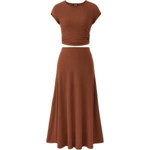 imageBTFBM Women Two Piece Skirt Set Summer 2025 Casual Vacation Crew Neck Short Sleeve Cropped Top Elastic Waist Midi SkirtsSolid Dark Brown