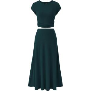 imageBTFBM Women Two Piece Skirt Set Summer 2025 Casual Vacation Crew Neck Short Sleeve Cropped Top Elastic Waist Midi SkirtsSolid Dark Green