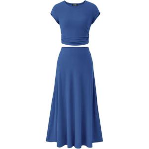 imageBTFBM Women Two Piece Skirt Set Summer 2025 Casual Vacation Crew Neck Short Sleeve Cropped Top Elastic Waist Midi SkirtsSolid Deep Blue