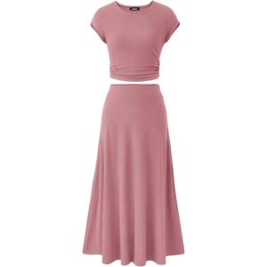 imageBTFBM Women Two Piece Skirt Set Summer 2025 Casual Vacation Crew Neck Short Sleeve Cropped Top Elastic Waist Midi SkirtsSolid Dusty Pink