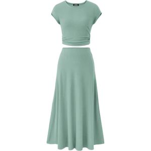 imageBTFBM Women Two Piece Skirt Set Summer 2025 Casual Vacation Crew Neck Short Sleeve Cropped Top Elastic Waist Midi SkirtsSolid Fruit Green