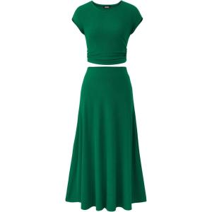 imageBTFBM Women Two Piece Skirt Set Summer 2025 Casual Vacation Crew Neck Short Sleeve Cropped Top Elastic Waist Midi SkirtsSolid Green