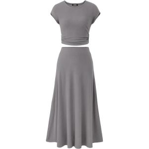 imageBTFBM Women Two Piece Skirt Set Summer 2025 Casual Vacation Crew Neck Short Sleeve Cropped Top Elastic Waist Midi SkirtsSolid Grey