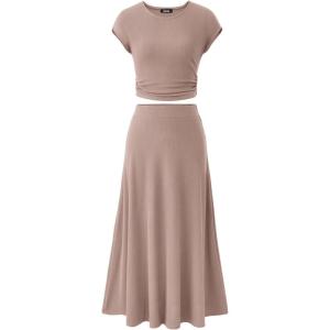 imageBTFBM Women Two Piece Skirt Set Summer 2025 Casual Vacation Crew Neck Short Sleeve Cropped Top Elastic Waist Midi SkirtsSolid Khaki