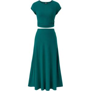 imageBTFBM Women Two Piece Skirt Set Summer 2025 Casual Vacation Crew Neck Short Sleeve Cropped Top Elastic Waist Midi SkirtsSolid Lake Green