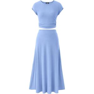 imageBTFBM Women Two Piece Skirt Set Summer 2025 Casual Vacation Crew Neck Short Sleeve Cropped Top Elastic Waist Midi SkirtsSolid Light Blue
