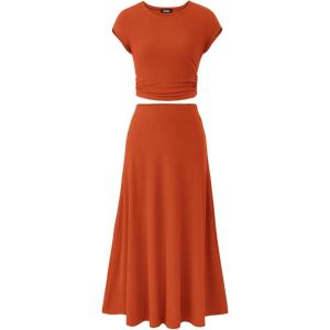imageBTFBM Women Two Piece Skirt Set Summer 2025 Casual Vacation Crew Neck Short Sleeve Cropped Top Elastic Waist Midi SkirtsSolid Orange