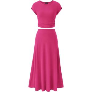 imageBTFBM Women Two Piece Skirt Set Summer 2025 Casual Vacation Crew Neck Short Sleeve Cropped Top Elastic Waist Midi SkirtsSolid Rose Red