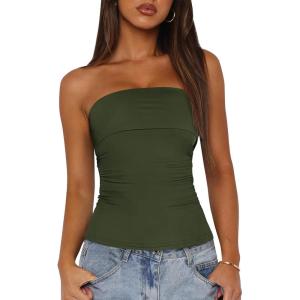 imageBTFBM Womens Strapless Tube Tops Summer Spring Clothes 2025 Trendy Casual Ruched Stretchy Going Out Bodycon Bandeau TopArmy Green