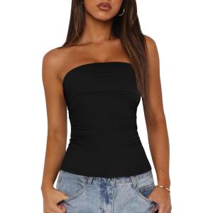 imageBTFBM Womens Strapless Tube Tops Summer Spring Clothes 2025 Trendy Casual Ruched Stretchy Going Out Bodycon Bandeau TopBlack