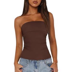 imageBTFBM Womens Strapless Tube Tops Summer Spring Clothes 2025 Trendy Casual Ruched Stretchy Going Out Bodycon Bandeau TopCoffee